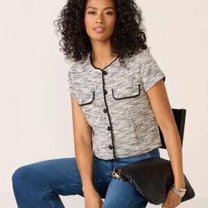 Evereve Black Trim Tweed Short Sleeve Button Front Top - Black and White